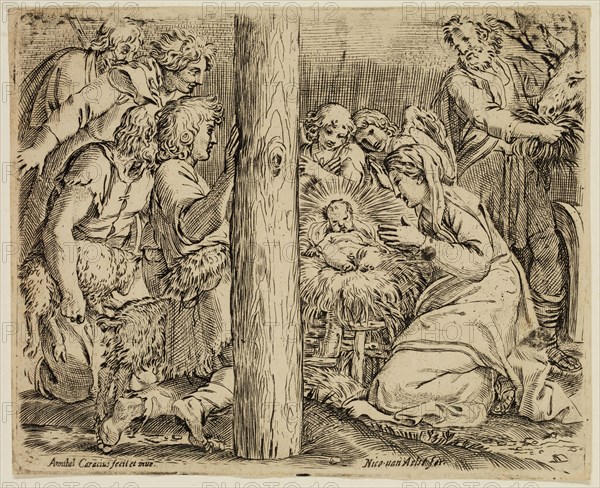 Annibale Carracci, Italian, 1560-1609, Adoration of the Shepherds, ca. 1606, etching and engraving printed in black ink on wove paper, Plate: 4 1/8 × 5 1/8 inches (10.5 × 13 cm)