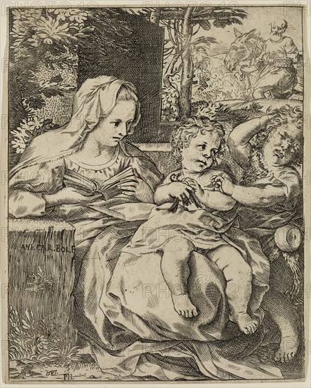 Annibale Carracci, Italian, 1560-1609, Madonna of the Swallow, 1587, engraving printed in black ink on laid paper, Sheet (trimmed within plate mark): 6 × 4 3/4 inches (15.2 × 12.1 cm)