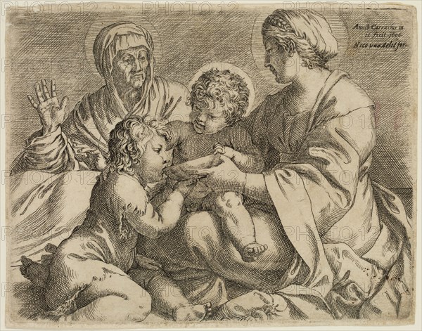 Annibale Carracci, Italian, 1560-1609, Madonna and Child with Saints Elizabeth and John the Baptist, 1606, etching and engraving printed in black ink on laid paper, Plate: 4 7/8 × 6 1/4 inches (12.4 × 15.9 cm)