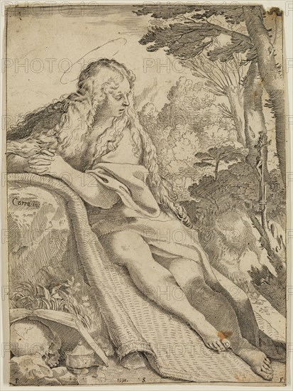 Annibale Carracci, Italian, 1560-1609, Penitent Magdalene, 1591, etching and engraving printed in black ink on laid paper, Sheet (trimmed within plate mark): 8 5/8 × 6 1/4 inches (21.9 × 15.9 cm)