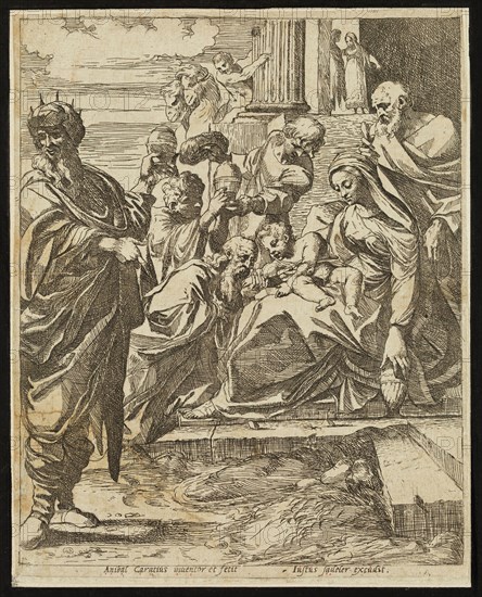 school of Annibale Carracci, Italian, 1560-1609, after Lodovico Carracci, Italian, 1555-1619, Three Kings, 17th century, etching printed in black ink on laid paper, Sheet (trimmed within plate mark): 9 1/8 × 7 1/4 inches (23.2 × 18.4 cm)