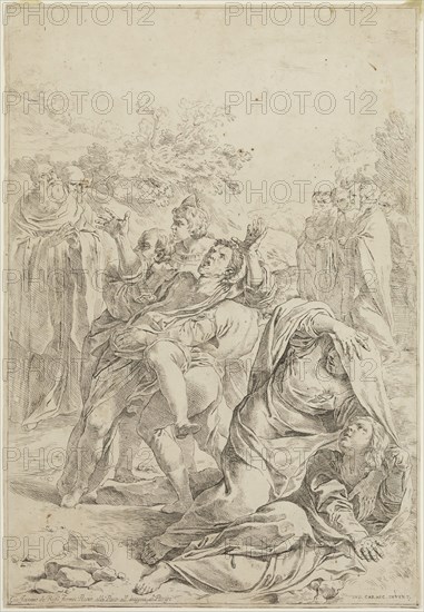Lodovico Carracci, Italian, 1555-1619, Maniac Presented before the Apostles, between 1555 and 1619, etching printed in black ink on laid (?) paper, Image: 15 3/8 × 10 5/8 inches (39.1 × 27 cm)