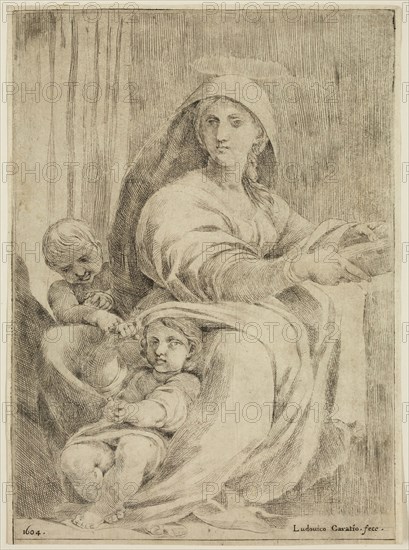 Lodovico Carracci, Italian, 1555-1619, Virgin of the Year 1604, between 1602 and 1604, etching and drypoint printed in black ink on laid paper, Sheet (trimmed within plate mark): 7 1/2 × 5 1/2 inches (19.1 × 14 cm)