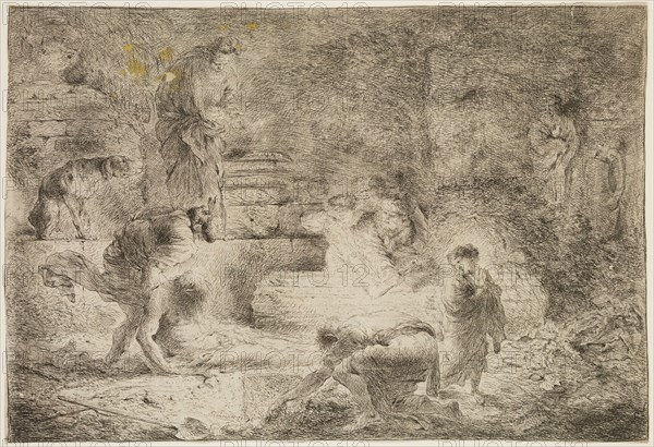 Giovanni Benedetto Castiglione, Italian, 1616 - 1670, Tobit Burying the Dead, between 1647 and 1651, etching printed in black ink on laid paper, Sheet (trimmed within plate mark): 8 × 11 3/4 inches (20.3 × 29.8 cm)