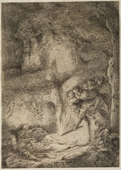 Giovanni Benedetto Castiglione, Italian, 1616 - 1670, Finding of the Bodies of Saint Peter and Saint Paul, 17th century, etching printed in black ink with gray wash on laid paper, Sheet (trimmed within plate mark): 10 7/8 × 7 3/4 inches (27.6 × 19.7 cm)