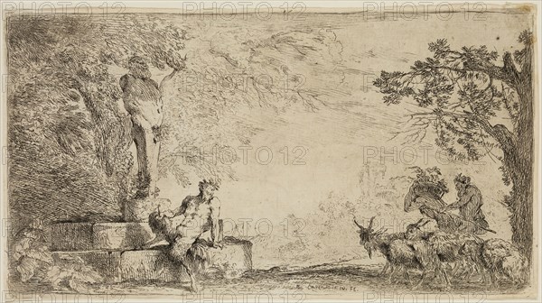 Giovanni Benedetto Castiglione, Italian, 1616 - 1670, Satyr Sitting at the Foot of a Term, 17th century, etching printed in black ink on laid paper, Plate: 4 5/8 × 8 3/8 inches (11.7 × 21.3 cm)