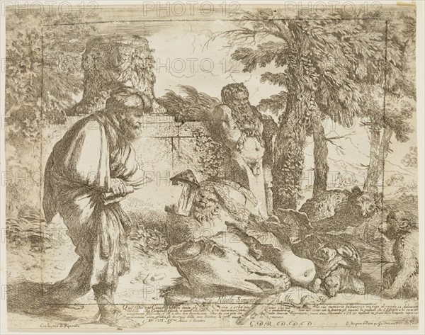 Giovanni Benedetto Castiglione, Italian, 1616 - 1670, Diogenes Searching For an Honest Man, between 1645 and 1647, etching printed in black ink on laid paper, Sheet (trimmed within plate mark): 8 5/8 × 11 inches (21.9 × 27.9 cm)