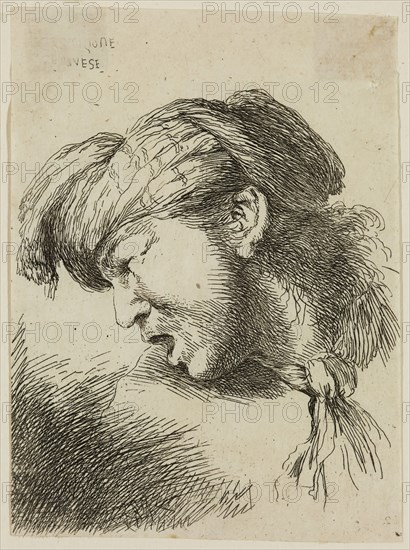 Giovanni Benedetto Castiglione, Italian, 1616 - 1670, Man Wearing a Small Turban and a Tie Fastened Around His Neck, Facing Left, 17th century, etching printed in black ink on tissue, Sheet (trimmed within plate mark): 4 1/4 × 3 1/8 inches (10.8 × 7.9 cm)