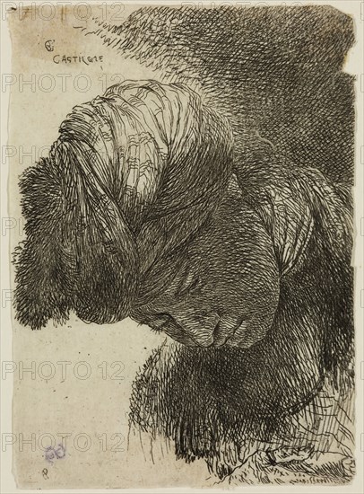 Giovanni Benedetto Castiglione, Italian, 1616 - 1670, Young Man with His Head Lowered, Wearing a Turban, Facing Left, 17th century, etching printed in black ink on tissue, Sheet (trimmed within plate mark): 4 3/8 × 3 inches (11.1 × 7.6 cm)