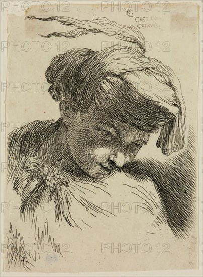 Giovanni Benedetto Castiglione, Italian, 1616 - 1670, Young Man with His Head Leaning against His Shoulder, Wearing a Plumed Headdress, 17th century, etching printed in black ink on tissue, Sheet (trimmed within plate mark): 4 3/8 × 3 1/4 inches (11.1 × 8.3 cm)