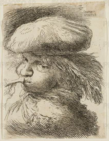 Giovanni Benedetto Castiglione, Italian, 1616 - 1670, Young Man Sounding a Trumpet, Wearing a Flat Cap, 17th century, etching printed in black ink on tissue, Sheet (trimmed within plate mark): 4 1/4 × 3 1/4 inches (10.8 × 8.3 cm)