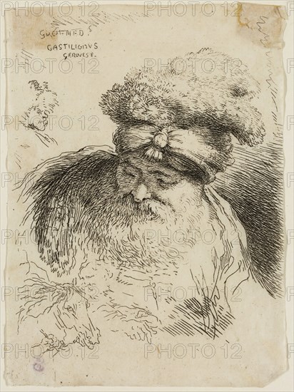 Giovanni Benedetto Castiglione, Italian, 1616 - 1670, Bearded Old Man with Head and Eyes Lowered, Wearing a Turban, 17th century, etching printed in black ink on tissue, Sheet (trimmed within plate mark): 4 3/8 × 3 1/4 inches (11.1 × 8.3 cm)