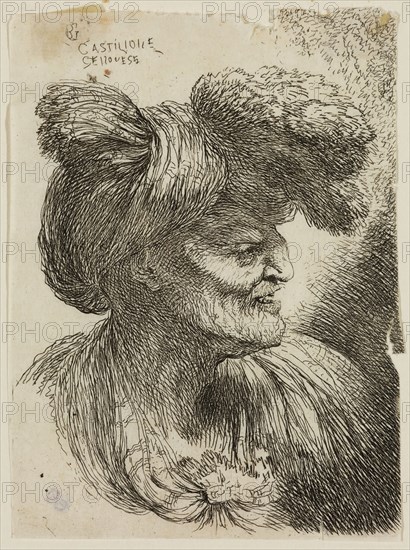 Giovanni Benedetto Castiglione, Italian, 1616 - 1670, Old Man Wearing a Turban Ornamented with Fur, Facing Right, 17th century, etching printed in black ink on tissue, Sheet: 4 1/4 × 3 1/4 inches (10.8 × 8.3 cm)