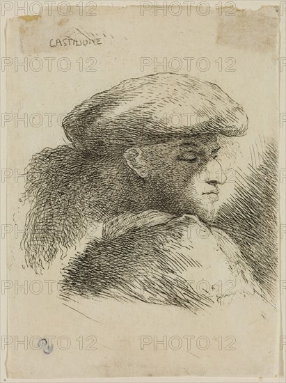 Giovanni Benedetto Castiglione, Italian, 1616 - 1670, Young Man with His Eyes Lowered, Wearing a Cap Ornamented with Plumes, Facing Right, 17th century, etching printed in black ink on tissue, Sheet: 4 3/8 × 3 1/4 inches (11.1 × 8.3 cm)