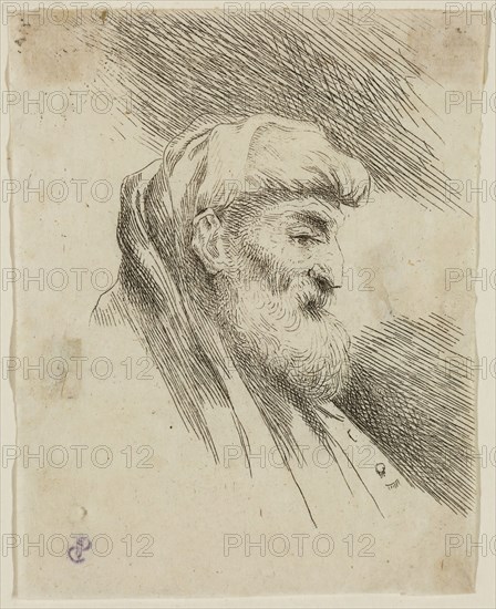 Giovanni Benedetto Castiglione, Italian, 1616 - 1670, Bearded Old Man Wearing Shoulder-length Headdress, Facing Right, 17th century, etching printed in black ink on tissue, Sheet (trimmed within plate mark): 3 7/8 × 3 inches (9.8 × 7.6 cm)
