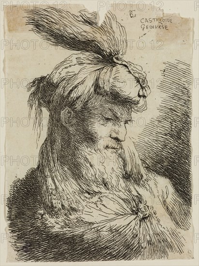 Giovanni Benedetto Castiglione, Italian, 1616 - 1670, Bearded Old Man Wearing a Plumed Turban, Facing Right, 17th century, etching printed in black ink on tissue, Sheet (trimmed within plate mark): 4 3/8 × 3 1/8 inches (11.1 × 7.9 cm)