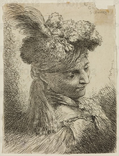 Giovanni Benedetto Castiglione, Italian, 1616 - 1670, Young Man Wearing a Fur Headdress with a Headband, Facing Right, 17th century, etching printed in black ink on tissue, Sheet (trimmed within plate mark): 4 1/4 × 3 1/8 inches (10.8 × 7.9 cm)