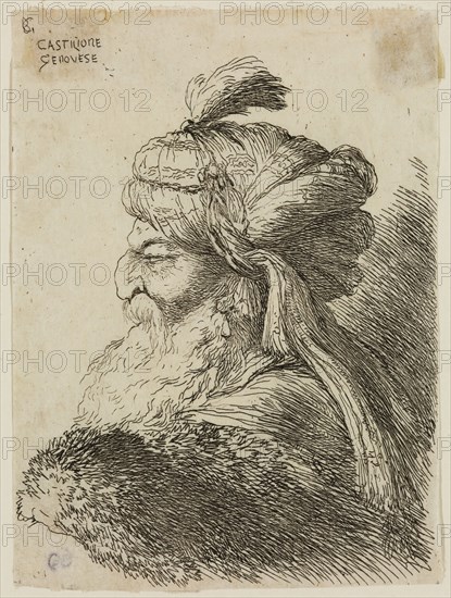 Giovanni Benedetto Castiglione, Italian, 1616 - 1670, Bearded Old Man Wearing a Turban Ornamented with a Small Plume, Facing Left, 17th century, etching printed in black ink on tissue, Sheet (trimmed within plate mark): 4 3/8 × 3 1/4 inches (11.1 × 8.3 cm)