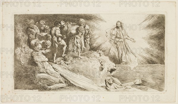 Salvatore Castiglione, Italian, 1620-1676, Resurrection of Lazarus, 1645, etching printed in black ink on laid paper, Plate: 4 3/8 × 8 3/8 inches (11.1 × 21.3 cm)