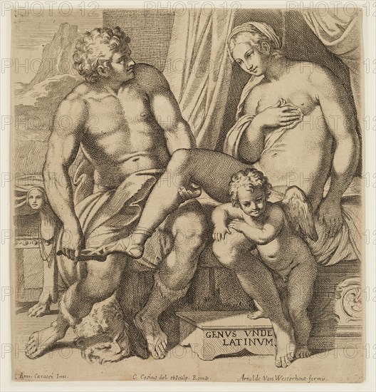 Carlo Cesio, Italian, 1626-1686, after Annibale Carracci, Italian, 1560-1609, Venus and Anchises, between 1650 and 1686, etching and engraving printed in black ink on laid paper, Sheet (trimmed within plate mark): 9 1/8 × 8 1/2 inches (23.2 × 21.6 cm)