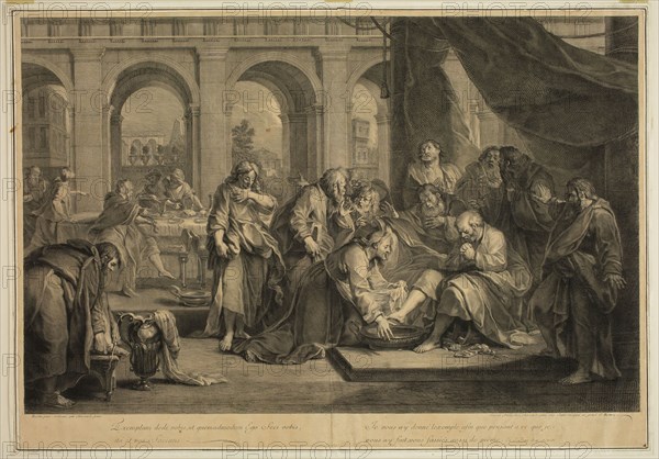 Jacques le jeune Chereau, French, 1688-1776, after Nicolas Bertin, French, 1668-1736, Christ Washing the Disciples' Feet, early 18th/middle 18th Century, Engraving and etching printed in black on sheet completely attached to another sheet, sheet trimmed within plate mark: