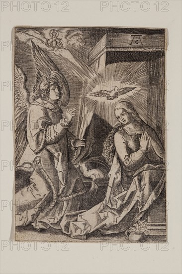 Allaert Claesz, Netherlandish, 1508-1638, after Albrecht Dürer, German, 1471-1528, Annunciation, 16th century, engraving printed in black ink on laid paper, Sheet (trimmed within plate mark): 5 1/8 × 3 5/8 inches (13 × 9.2 cm)