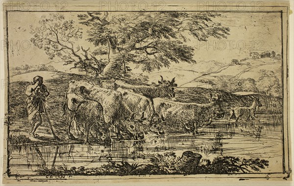 Claude Gellée, French, 1600-1682, Cattle Watering, 1635, etching printed in black ink on laid paper, Image: 4 1/8 × 6 3/4 inches (10.5 × 17.1 cm)