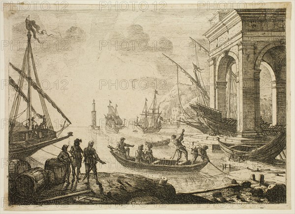 Claude Gellée, French, 1600-1682, A Seaport, between 1635 and 1636, etching printed in black ink on laid paper, Plate: 5 1/2 × 7 7/8 inches (14 × 20 cm)