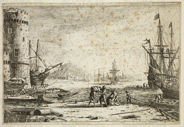 Claude Gellée, French, 1600-1682, Seaport with the Large Tower, between 1635 and 1636, etching printed in black ink on laid paper, Image: 5 × 7 1/2 inches (12.7 × 19.1 cm)