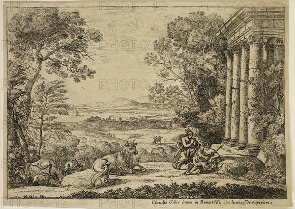 Claude Gellée, French, 1600-1682, Mercury Lulling Argus to Sleep with the Sound of His Pipe, 1662, etching printed in black ink on laid paper, Image: 5 7/8 × 8 3/8 inches (14.9 × 21.3 cm)