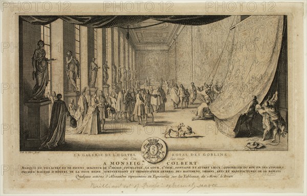 Sébastien Le Clerc, French, 1637-1714, after Charles Le Brun, French, 1619-1690, The Hanging of LeBrun's Tapestries Illustrating the Battles of Alexander, between 1637 and 1714, etching printed in black ink on laid ? paper, Plate: 5 3/4 × 9 5/8 inches (14.6 × 24.4 cm)
