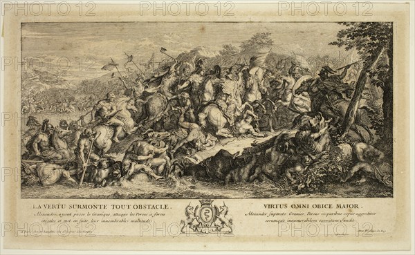 Sébastien Le Clerc, French, 1637-1714, after Charles Le Brun, French, 1619-1690, Alexander's First Victory over the Persians on the Banks of the Grancis, between 1637 and 1714, etching printed in black ink on laid ? paper, Plate: 5 1/2 × 9 5/8 inches (14 × 24.4 cm)