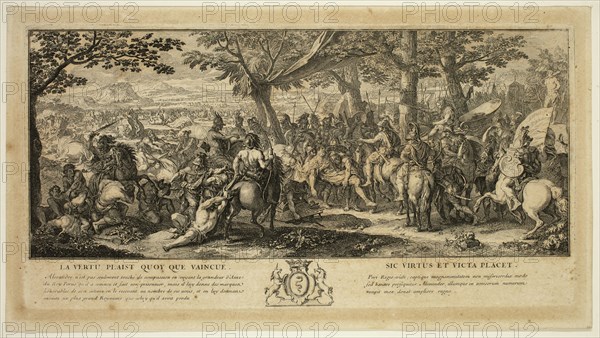 Sébastien Le Clerc, French, 1637-1714, after Charles Le Brun, French, 1619-1690, Alexander Pities the Misfortunes of King Porus and Recieves Him as a Friend, between 1637 and 1714, etching printed in black ink on laid paper, Plate: 5 5/8 × 11 inches (14.3 × 27.9 cm)