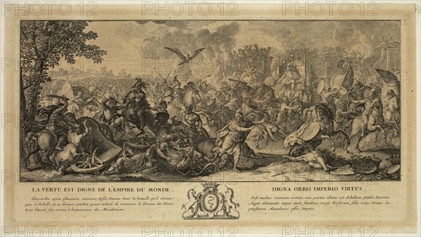Sébastien Le Clerc, French, 1637-1714, after Charles Le Brun, French, 1619-1690, The Battle of Arabella When Alexander Gains the Submission of the Persians and, between 1637 and 1714, etching printed in black ink on laid paper, Plate: 5 3/4 × 11 1/8 inches (14.6 × 28.3 cm)