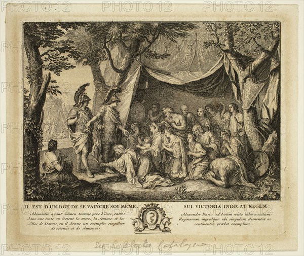 Sébastien Le Clerc, French, 1637-1714, after Charles Le Brun, French, 1619-1690, Alexander Enters the Tent of Darius' Relatives Whom He Treats with Respect, between 1637 and 1714, etching printed in black ink on laid paper, Plate: 5 1/2 × 6 3/4 inches (14 × 17.1 cm)