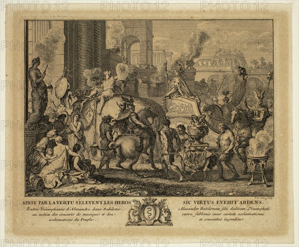 Sébastien Le Clerc, French, 1637-1714, after Charles Le Brun, French, 1619-1690, Alexander Enters Babylon in Triumph, between 1637 and 1714, etching printed in black ink on laid paper, Plate: 5 1/2 × 6 5/8 inches (14 × 16.8 cm)