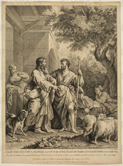 Charles Nicolas, le pere Cochin, French, 1688-1764, after Jean Restout, French, 1692-1768, Laban Defending Himself from Jacob for Having Imposed Leah upon Him in Place o, c. 1737, Etching and engraving printed in black on laid paper, sheet (trimmed within plate mark):