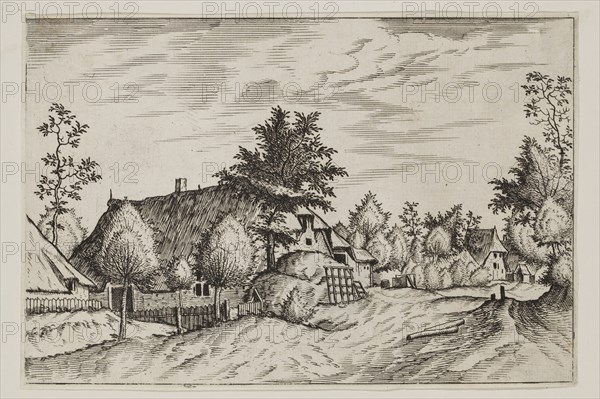 Jan Duetecum, Dutch, Landscape No. 24, ca. 1561, etching and engraving printed in black ink on laid paper, Sheet (trimmed within plate mark): 5 1/2 × 8 1/8 inches (14 × 20.6 cm)