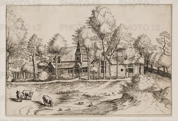 Jan Duetecum, Dutch, Landscape No. 21, ca. 1561, etching printed in black ink on laid paper, Sheet (trimmed within plate mark): 5 3/8 × 8 1/8 inches (13.7 × 20.6 cm)
