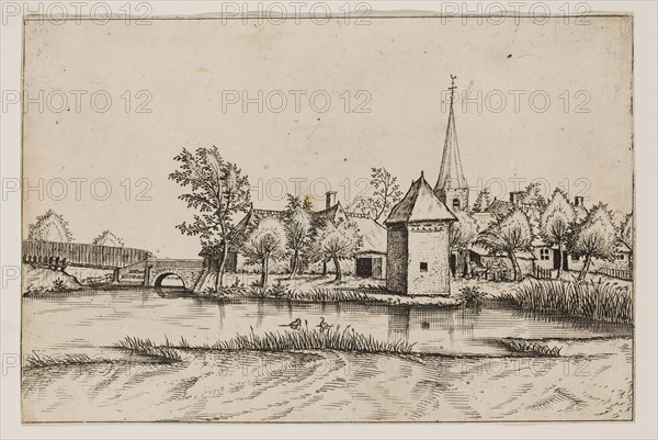 Jan Duetecum, Dutch, Landscape No. 14, ca. 1561, etching printed in black ink on laid paper, Sheet (trimmed within plate mark): 5 1/4 × 7 7/8 inches (13.3 × 20 cm)