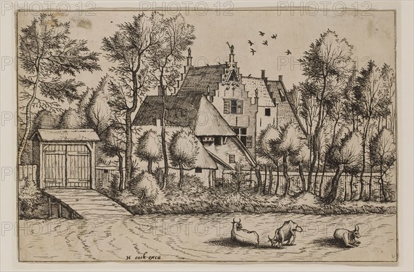 Jan Duetecum, Dutch, Landscape No. 6, ca. 1561, etching and engraving printed in black ink on laid paper, Sheet (trimmed within plate mark): 5 3/8 × 8 inches (13.7 × 20.3 cm)