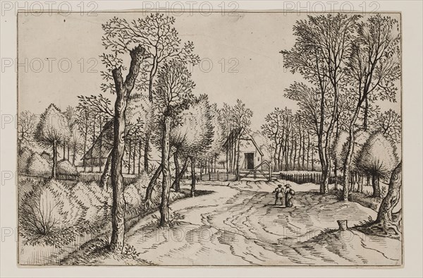 Jan Duetecum, Dutch, Landscape No. 2, ca. 1561, etching printed in black ink on laid paper, Sheet (trimmed within plate mark): 5 3/8 × 8 inches (13.7 × 20.3 cm)