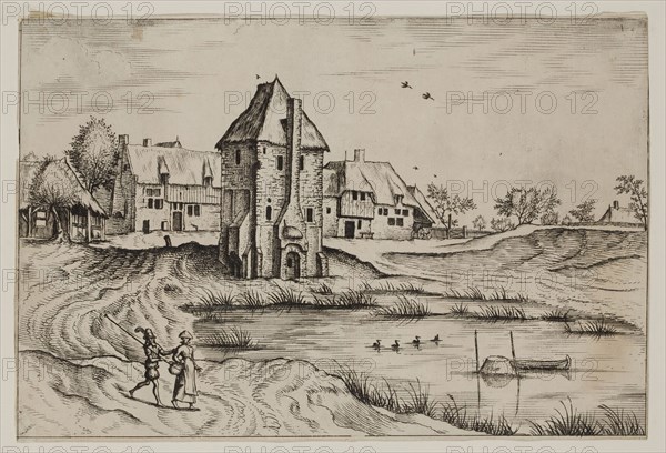 Jan Duetecum, Dutch, Landscape No. 8, ca. 1561, etching and engraving printed in black ink on laid paper, Sheet (trimmed within plate mark): 5 3/8 × 8 inches (13.7 × 20.3 cm)