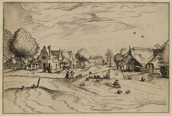 Jan Duetecum, Dutch, Landscape No. 16, ca. 1561, etching and engraving printed in black ink on laid paper, Sheet (trimmed withing plate mark): 5 3/8 × 8 inches (13.7 × 20.3 cm)