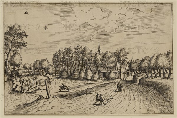 Jan Duetecum, Dutch, Landscape No. 25, ca. 1561, etching and engraving printed in black ink on laid paper, Sheet (trimmed within plate mark): 5 3/8 × 8 1/8 inches (13.7 × 20.6 cm)