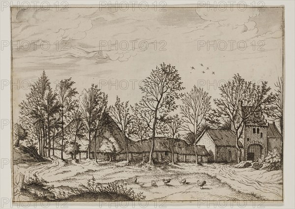 Jan Duetecum, Dutch, Landscape No. 1, ca. 1559, etching and engraving printed in black ink on laid paper, Sheet (trimmed within plate mark): 5 3/8 × 7 1/2 inches (13.7 × 19.1 cm)
