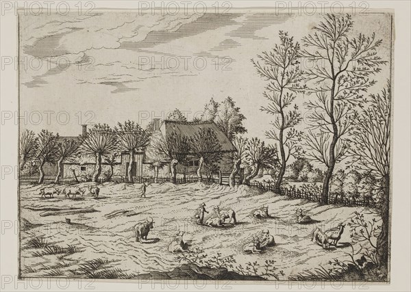 Jan Duetecum, Dutch, Landscape No. 6, ca. 1559, etching printed in black ink on laid paper, Sheet (trimmed within plate mark): 5 5/8 × 7 3/4 inches (14.3 × 19.7 cm)