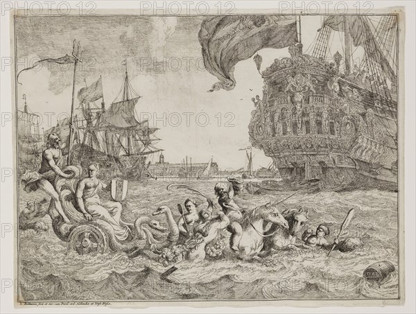 Ludolf Backhuysen, Dutch, 1630-1708, Neptune Drawn by a Sea Horse and a Unicorn, between 1630 and 1708, etching printed in black ink on laid paper, Plate and sheet: 7 3/4 × 10 1/4 inches (19.7 × 26 cm)