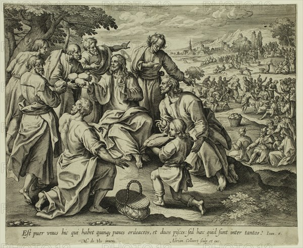 after Marten de Vos, Netherlandish, 1532-1603, The Miracle of the Loaves and Fishes, between 1560 and 1618, engraving printed in black ink on laid paper, Sheet (trimmed within plate mark): 7 × 8 1/2 inches (17.8 × 21.6 cm)