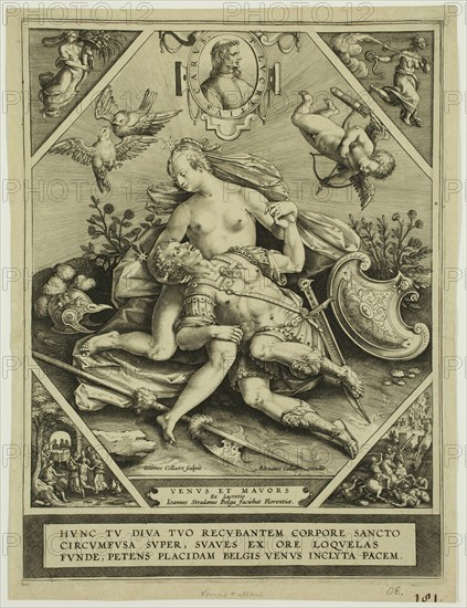 Johannes Collaert, Netherlandish, 1540-1622, after Jan van der Straet, Netherlandish, 1523-1605, Venus and Mars, between 1540 and 1622, engraving printed in black ink on laid paper, Plate: 9 5/8 × 7 1/8 inches (24.4 × 18.1 cm)